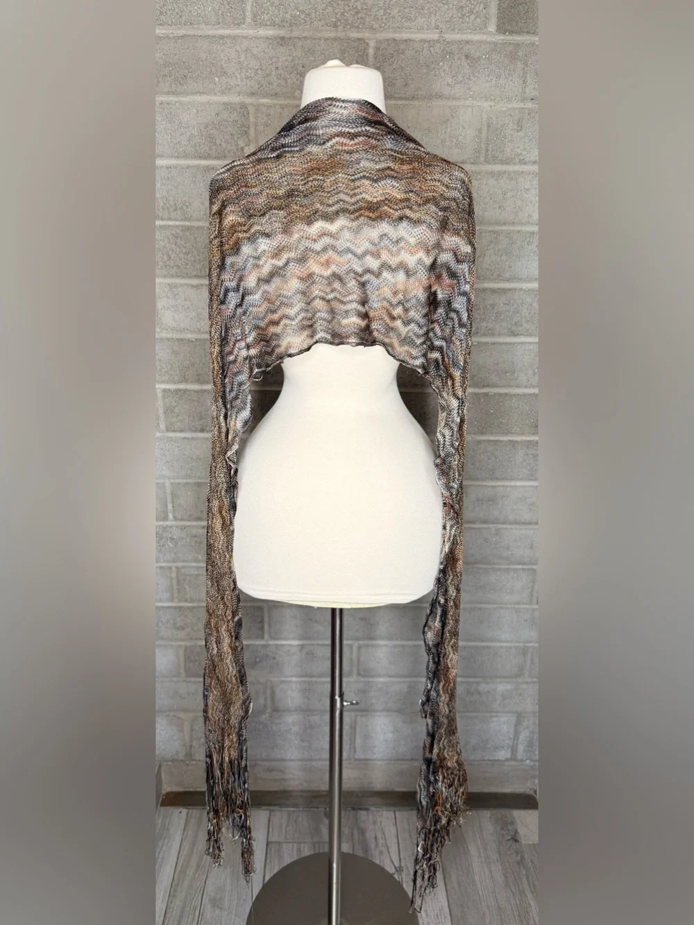 Zigzag Open Knit Scarf Shawl Wrap Brown Gray Orange Fringe Boho Lightweight
